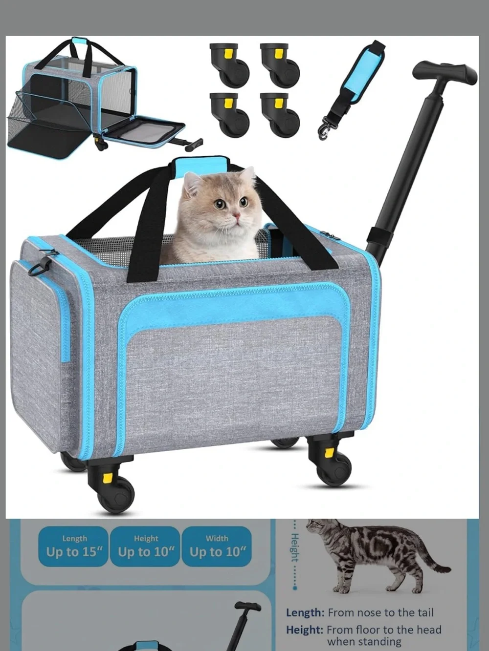 Portable Cat Carrier Rolling Travel Bag - Gray & Light Blue